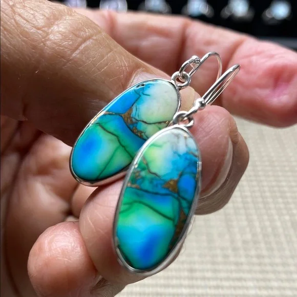 PEACOCK DAHLIA TURQUOISE EARRINGS In Solid Sterling Silver 925 - Picture 3 of 6